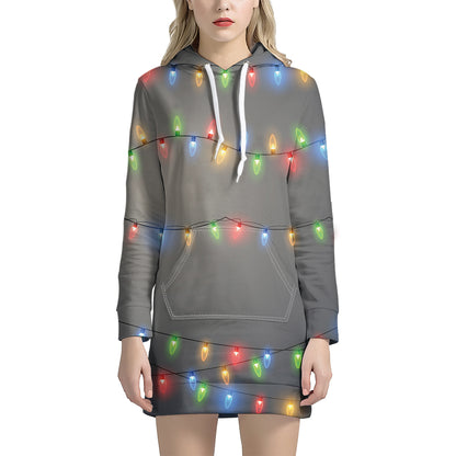 Colorful Christmas String Lights Print Hoodie Dress