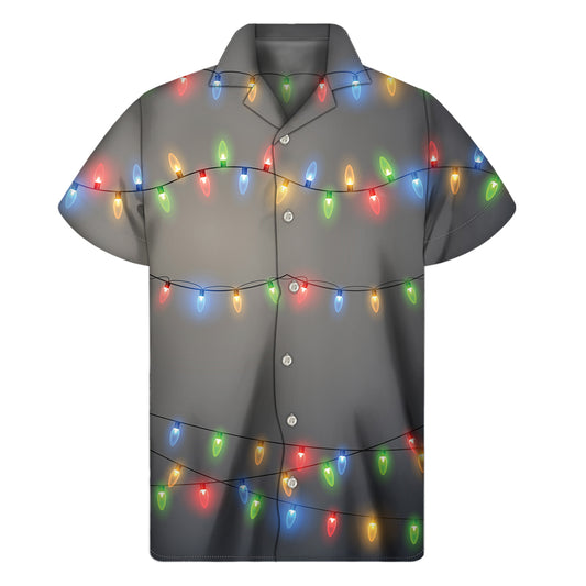 Colorful Christmas String Lights Print Men's Short Sleeve Shirt