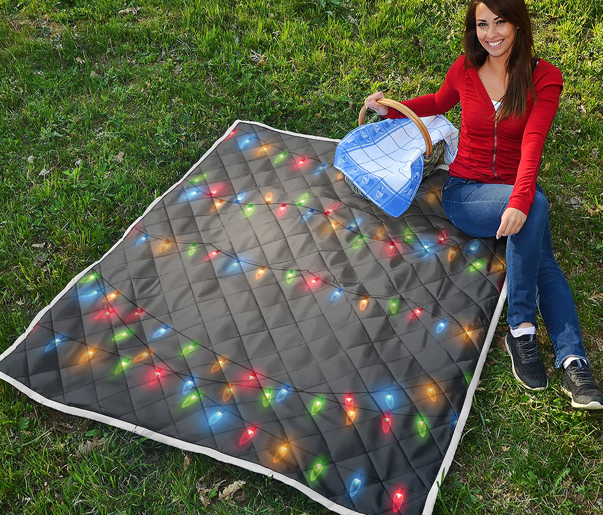 Colorful Christmas String Lights Print Quilt