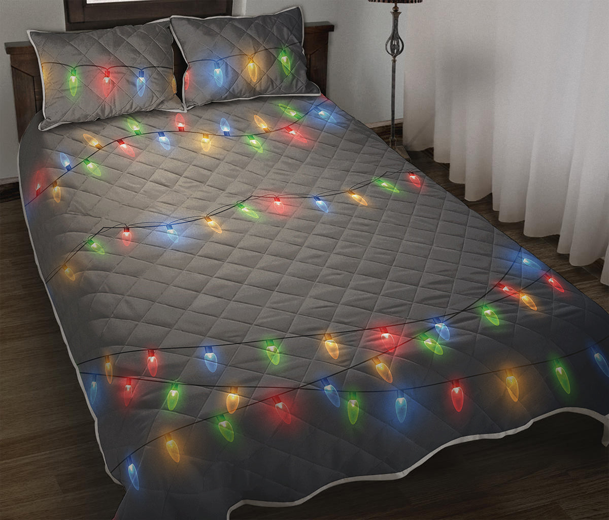 Colorful Christmas String Lights Print Quilt Bed Set
