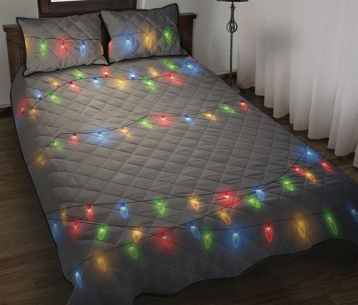 Colorful Christmas String Lights Print Quilt Bed Set