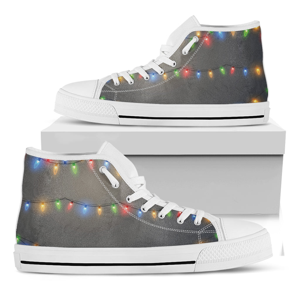 Colorful Christmas String Lights Print White High Top Shoes