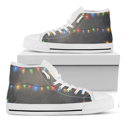 Colorful Christmas String Lights Print White High Top Shoes