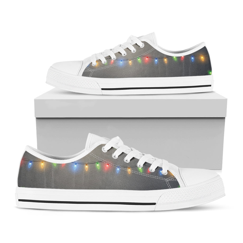 Colorful Christmas String Lights Print White Low Top Shoes