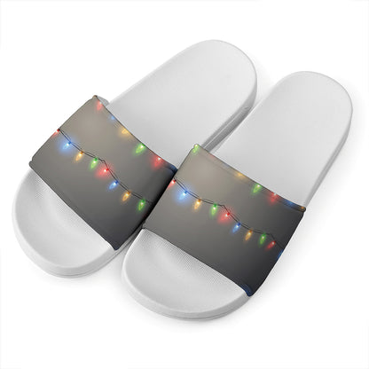 Colorful Christmas String Lights Print White Slide Sandals