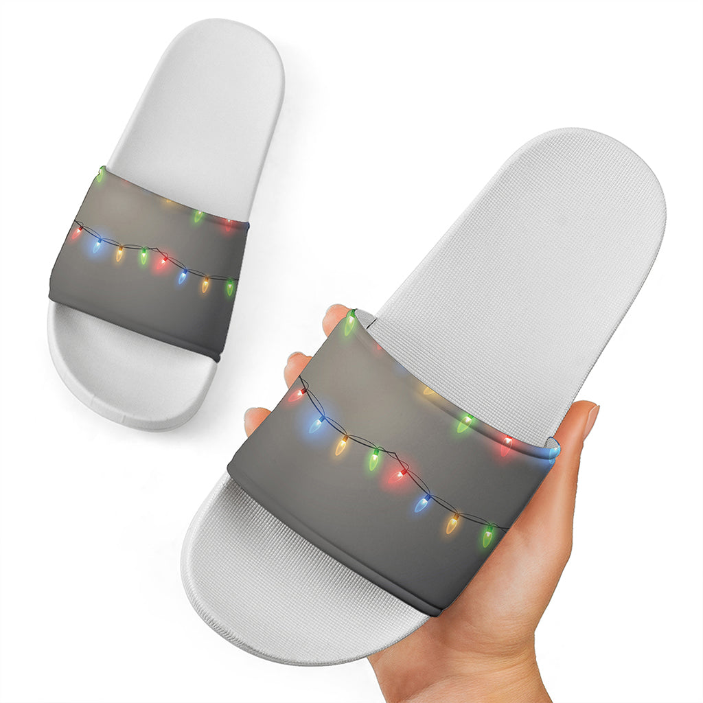 Colorful Christmas String Lights Print White Slide Sandals