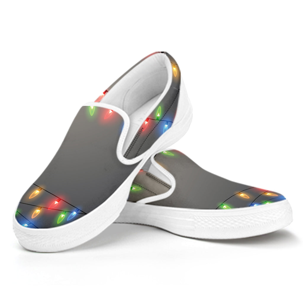 Colorful Christmas String Lights Print White Slip On Shoes