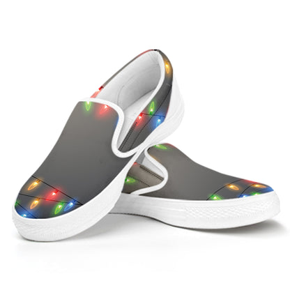 Colorful Christmas String Lights Print White Slip On Shoes