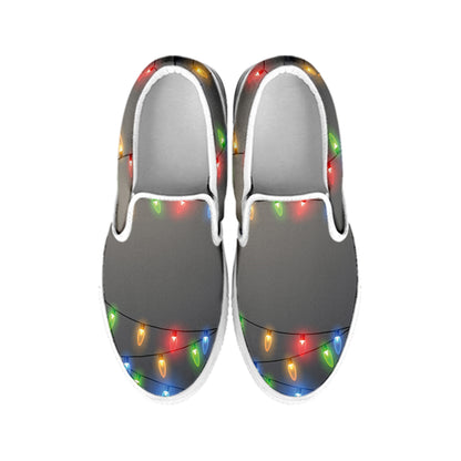 Colorful Christmas String Lights Print White Slip On Shoes