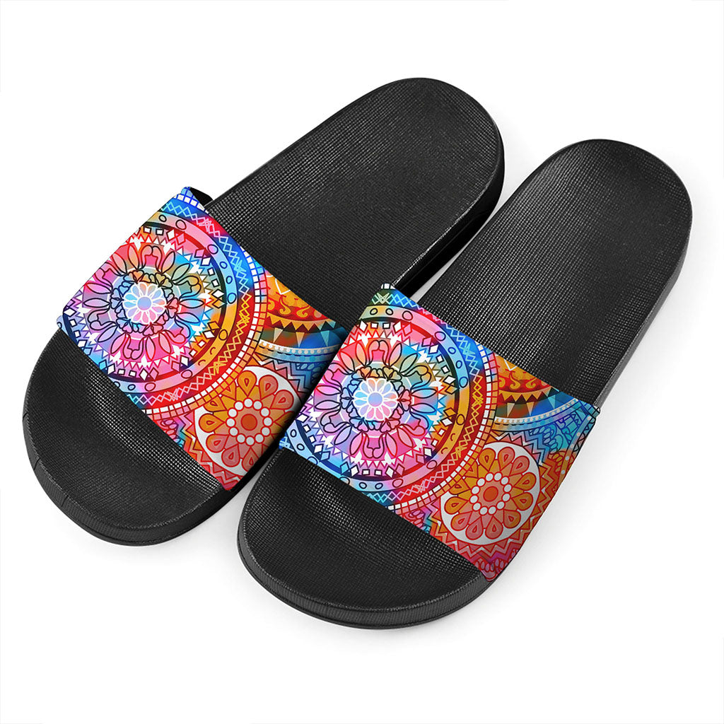 Colorful Circle Mandala Print Black Slide Sandals