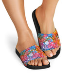 Colorful Circle Mandala Print Black Slide Sandals