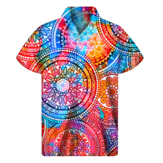 Colorful Circle Mandala Print Men's Short Sleeve Shirt