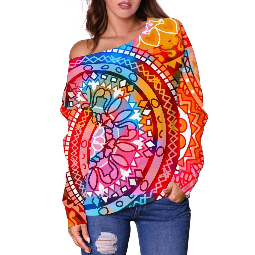 Colorful Circle Mandala Print Off Shoulder Sweatshirt GearFrost