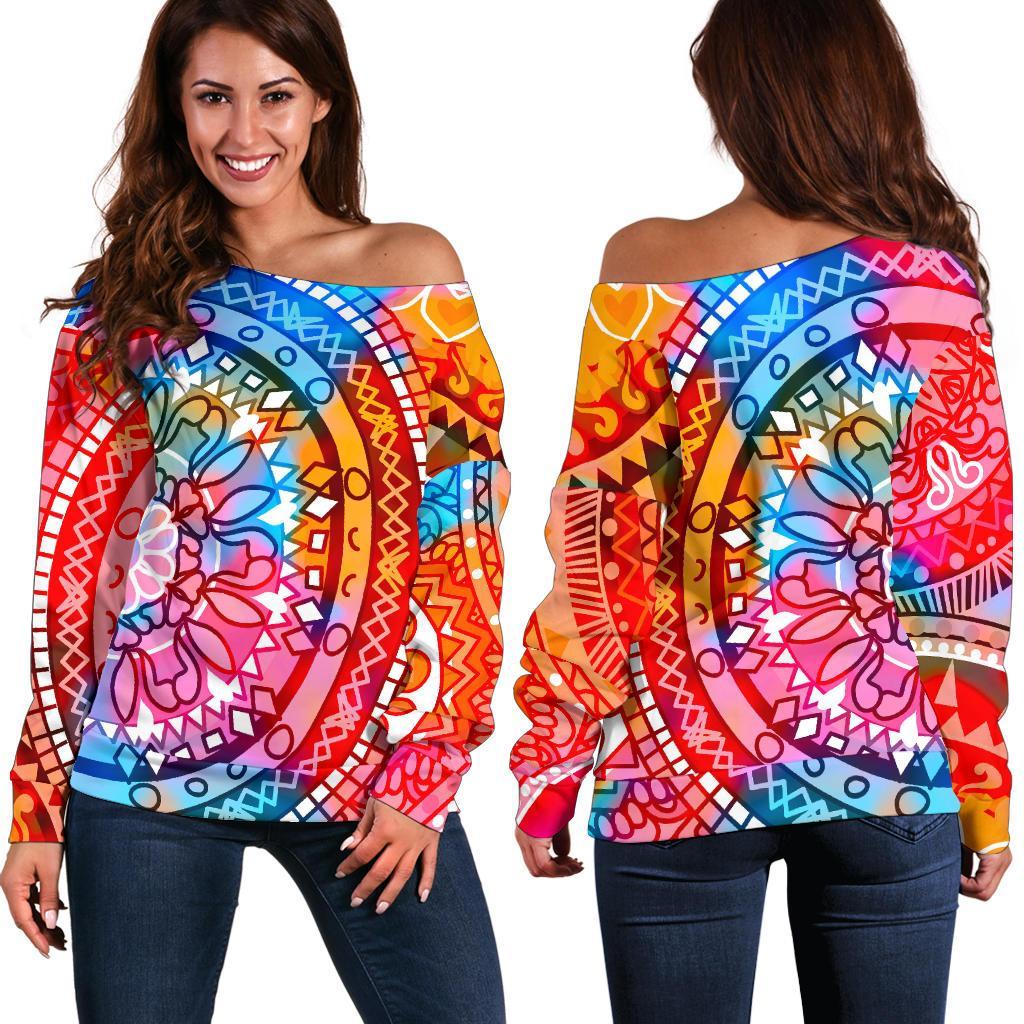 Colorful Circle Mandala Print Off Shoulder Sweatshirt GearFrost