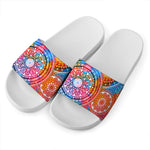 Colorful Circle Mandala Print White Slide Sandals