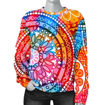 Colorful Circle Mandala Print Women's Crewneck Sweatshirt GearFrost