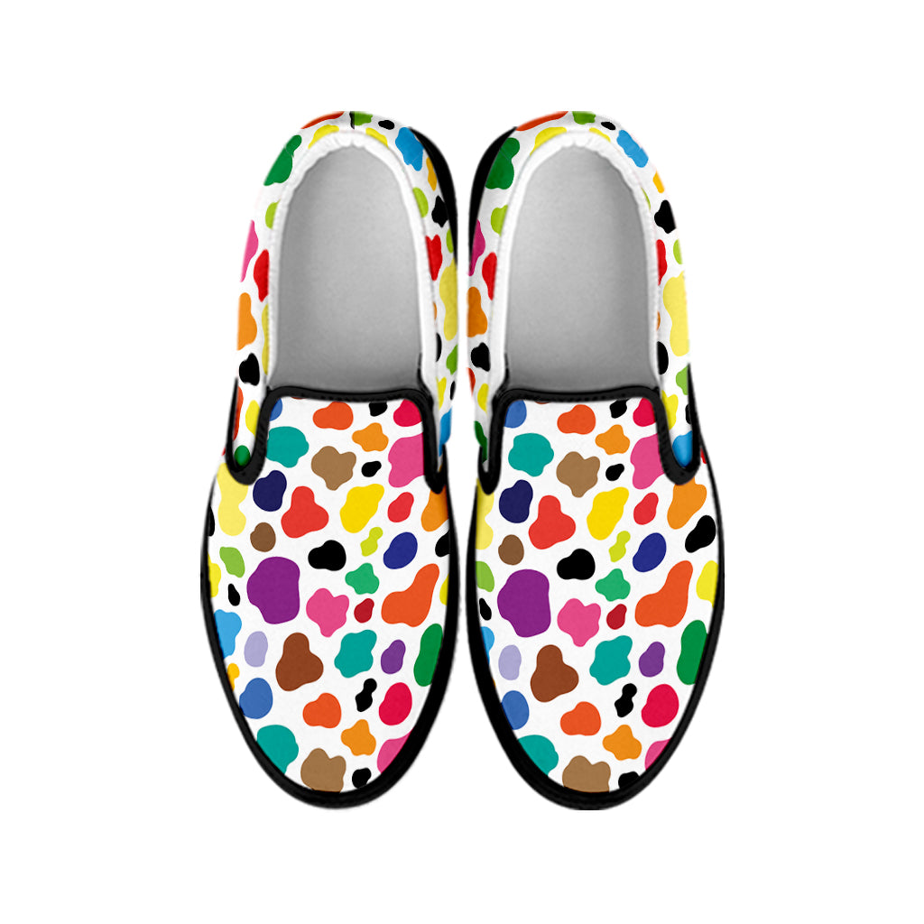 Colorful Cow Pattern Print Black Slip On Shoes