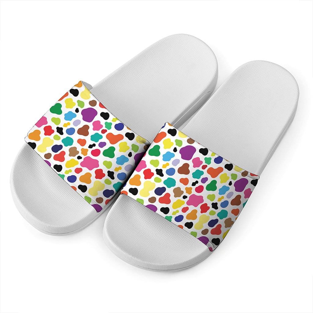Colorful Cow Pattern Print White Slide Sandals