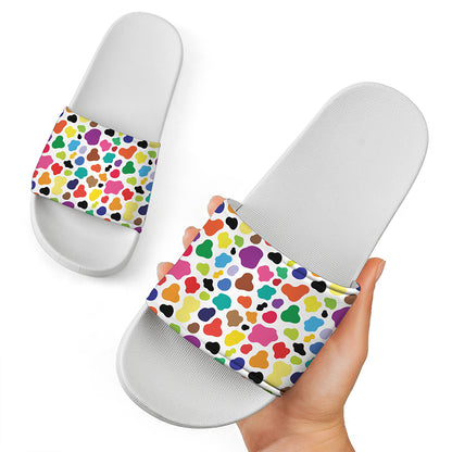 Colorful Cow Pattern Print White Slide Sandals