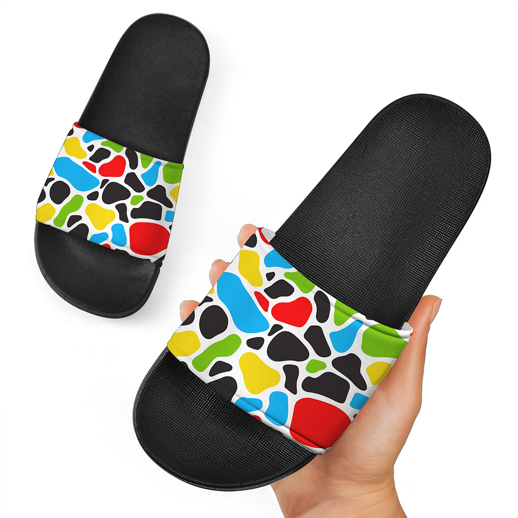 Colorful Cow Print Black Slide Sandals