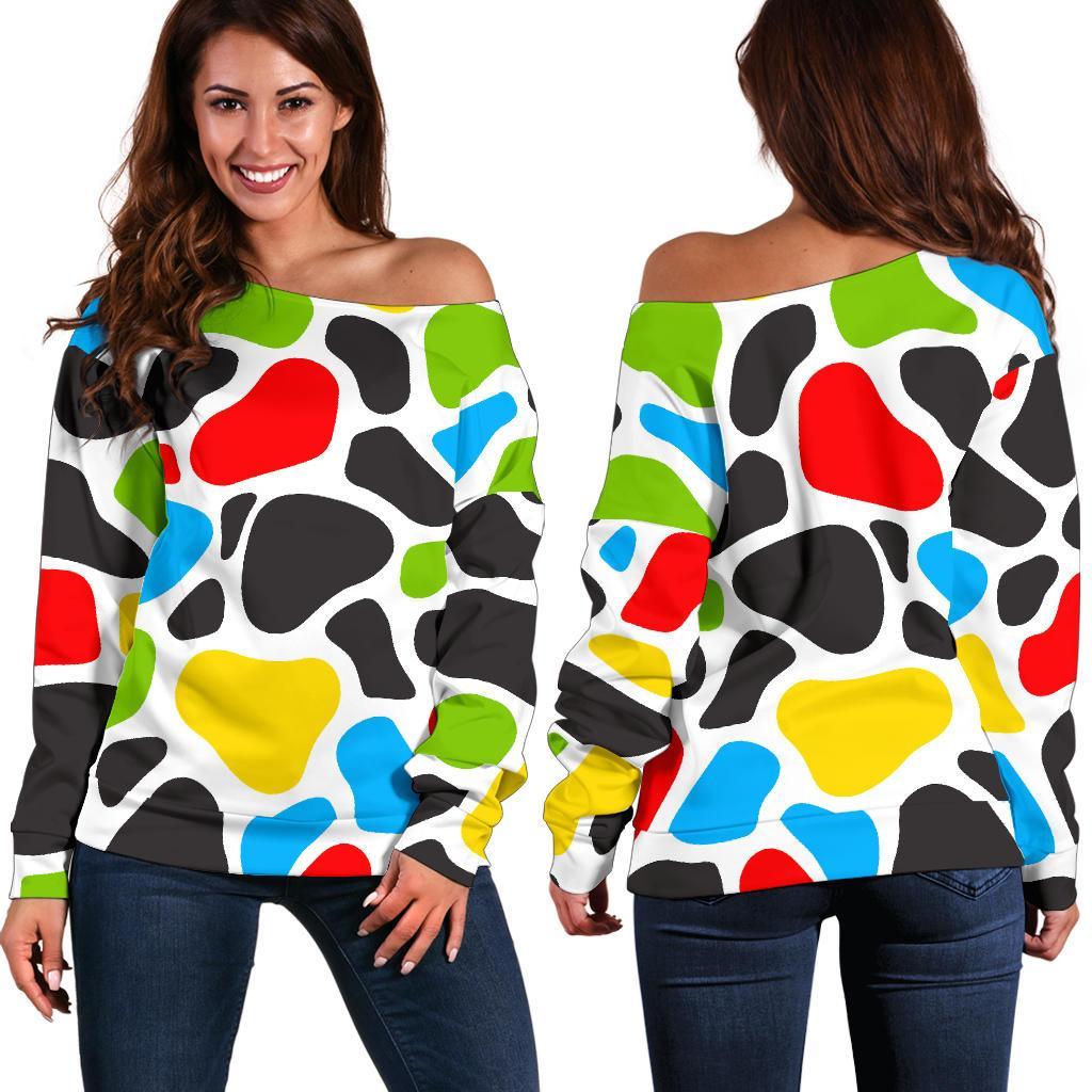 Colorful Cow Print Off Shoulder Sweatshirt GearFrost