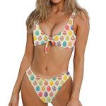 Colorful Cute Easter Eggs Pattern Print Front Bow Tie Bikini