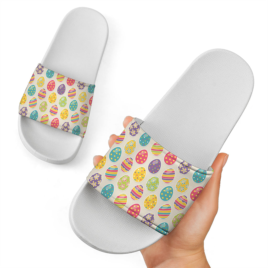 Colorful Cute Easter Eggs Pattern Print White Slide Sandals
