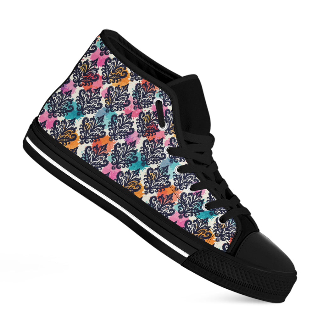 Colorful Damask Pattern Print Black High Top Shoes