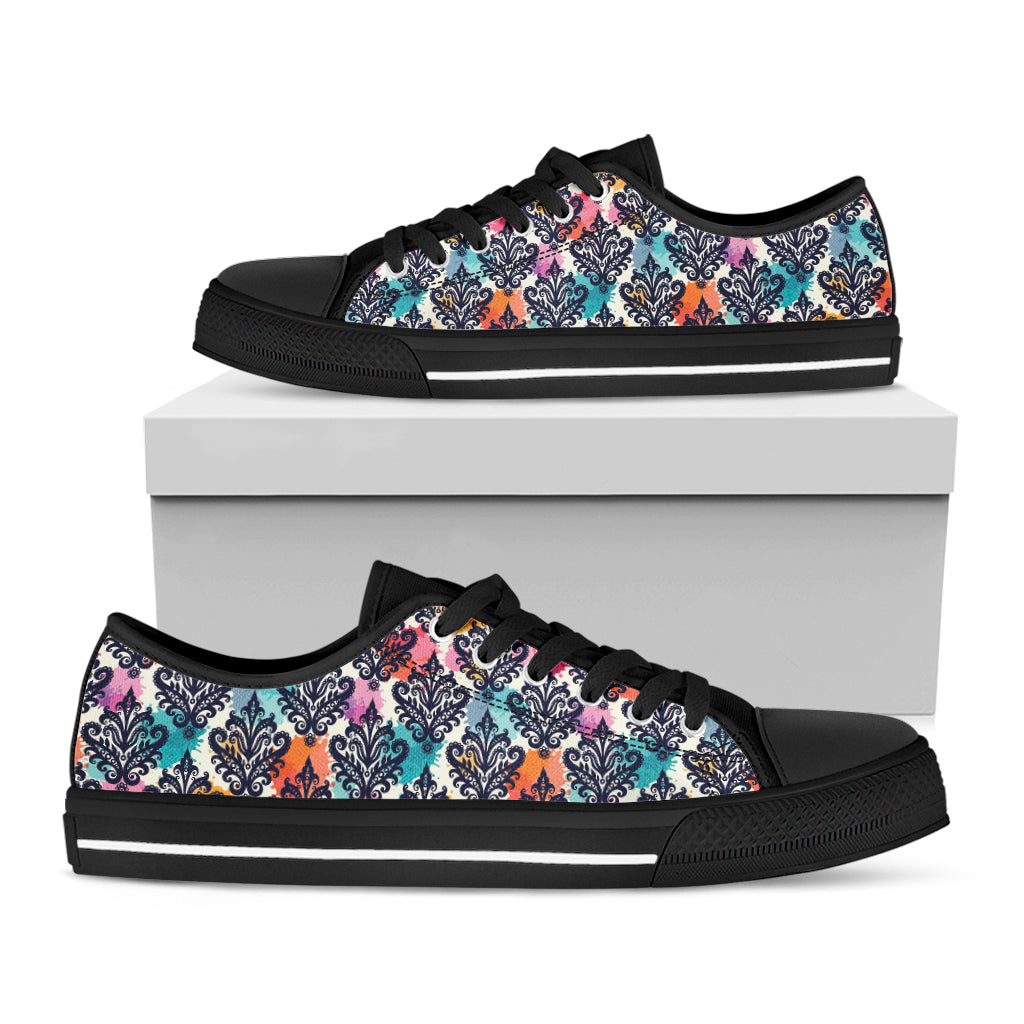 Colorful Damask Pattern Print Black Low Top Shoes