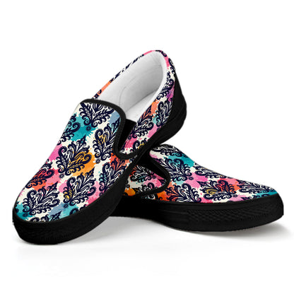 Colorful Damask Pattern Print Black Slip On Shoes