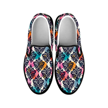 Colorful Damask Pattern Print Black Slip On Shoes