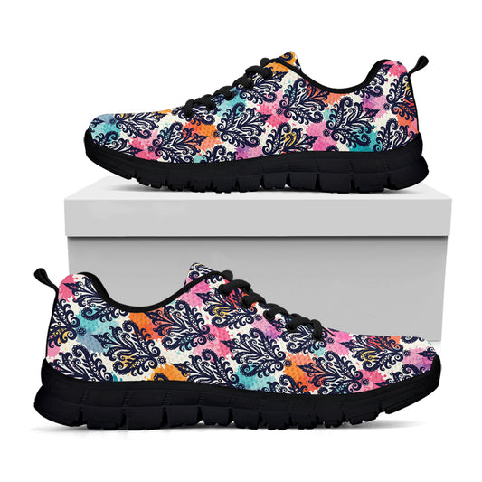 Colorful Damask Pattern Print Black Sneakers