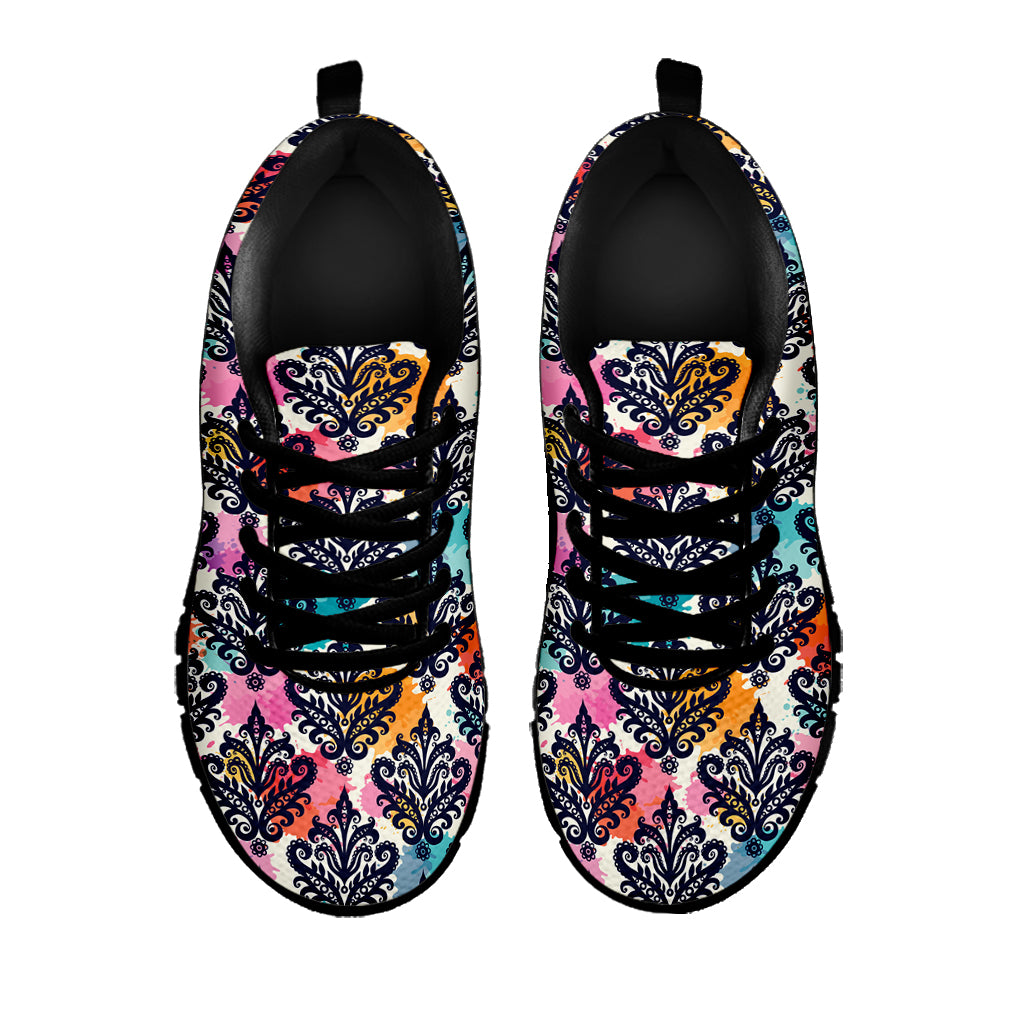 Colorful Damask Pattern Print Black Sneakers