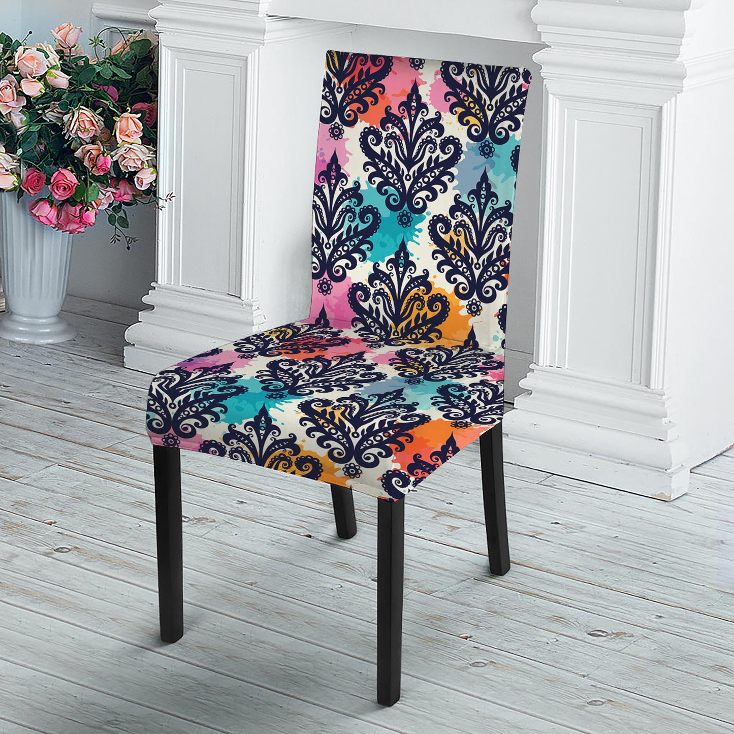 Colorful Damask Pattern Print Dining Chair Slipcover