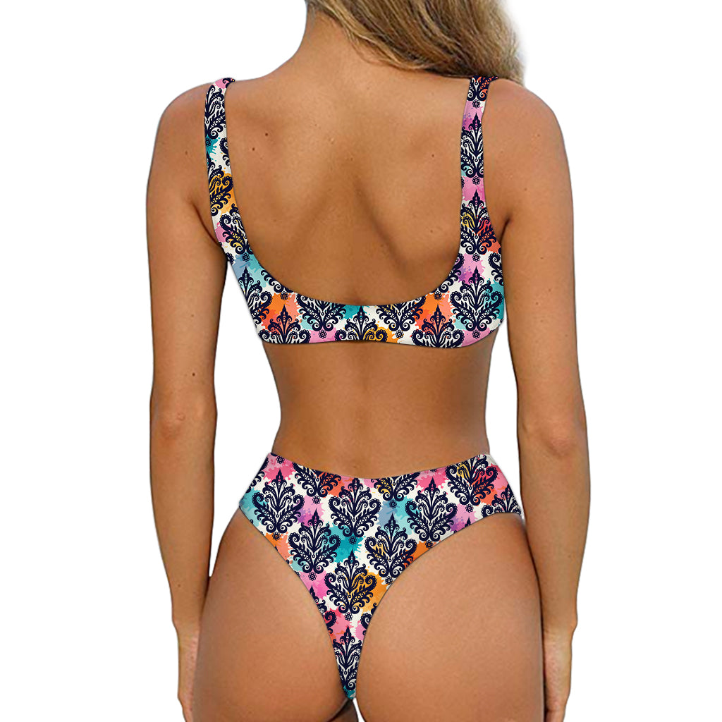 Colorful Damask Pattern Print Front Bow Tie Bikini