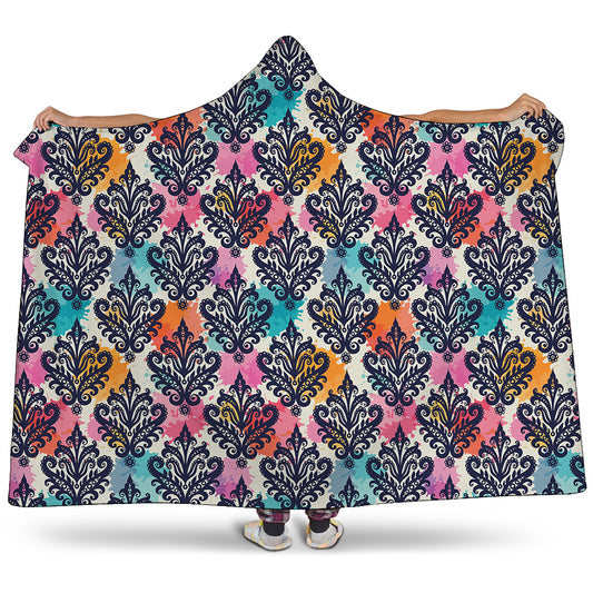 Colorful Damask Pattern Print Hooded Blanket