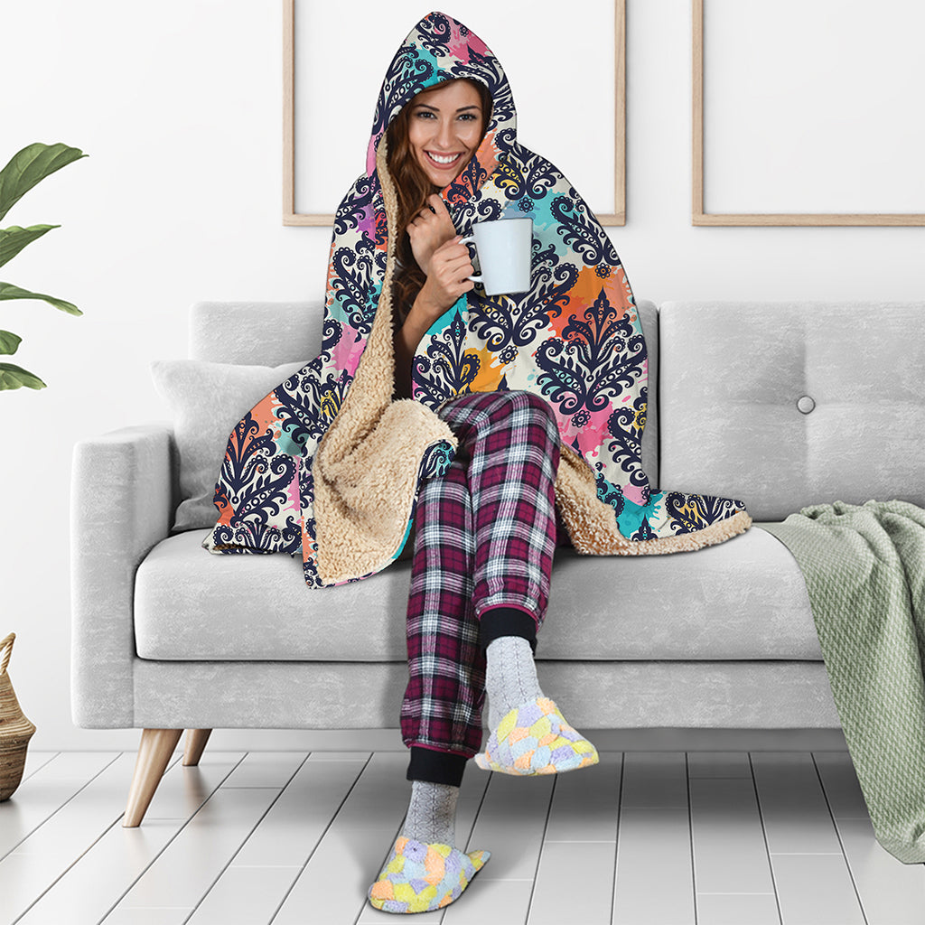 Colorful Damask Pattern Print Hooded Blanket