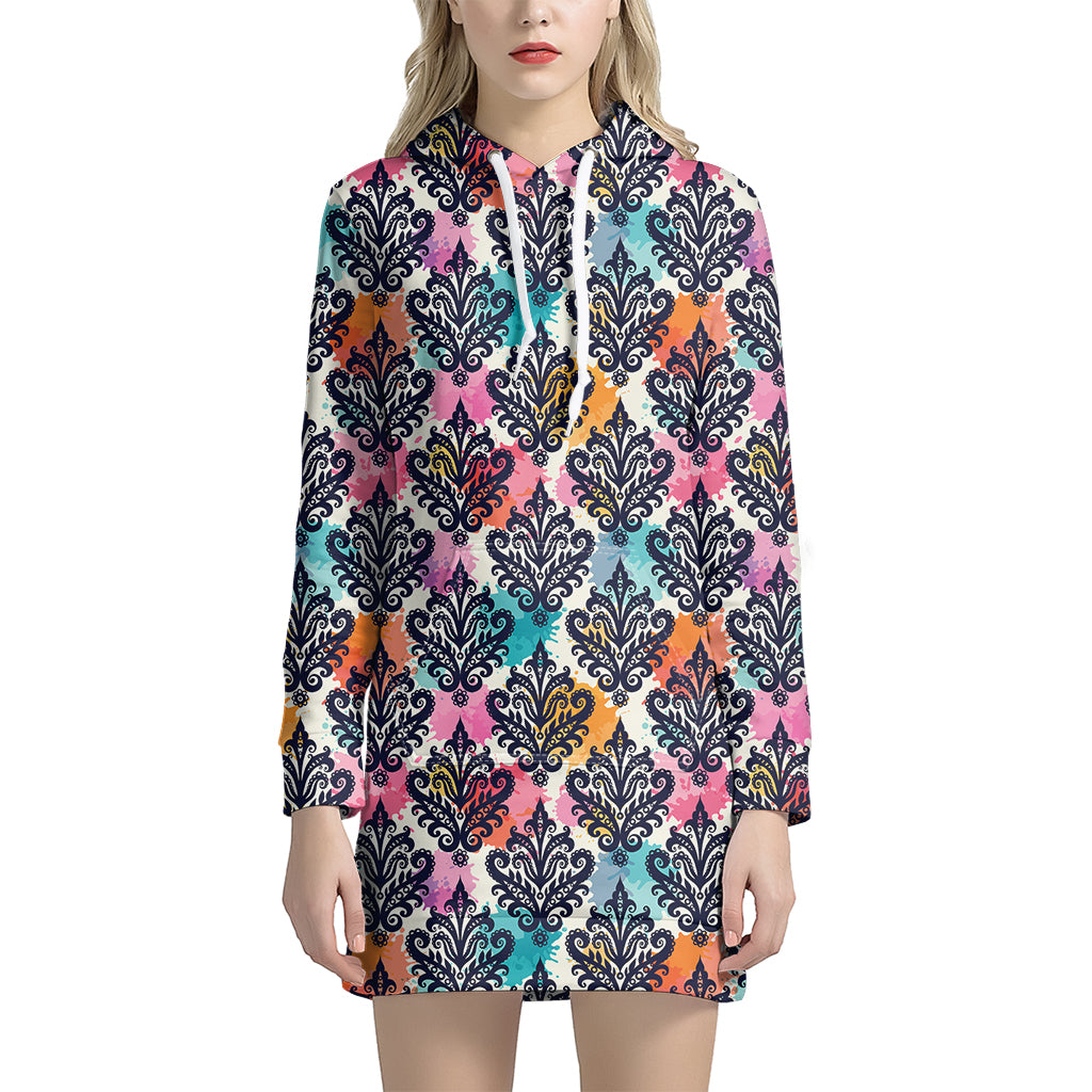 Colorful Damask Pattern Print Hoodie Dress