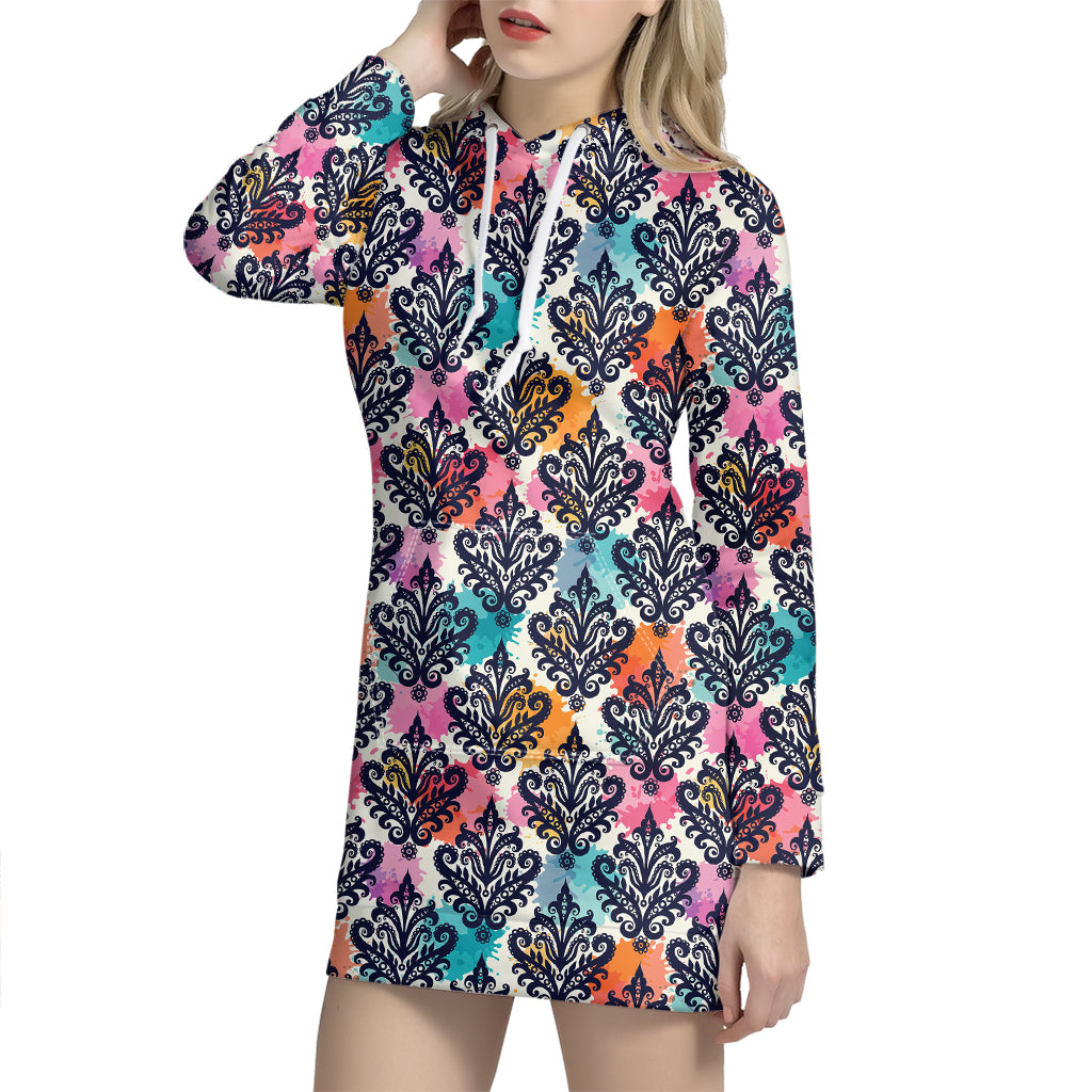 Colorful Damask Pattern Print Hoodie Dress