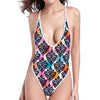 Colorful Damask Pattern Print One Piece High Cut Swimsuit