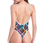 Colorful Damask Pattern Print One Piece High Cut Swimsuit
