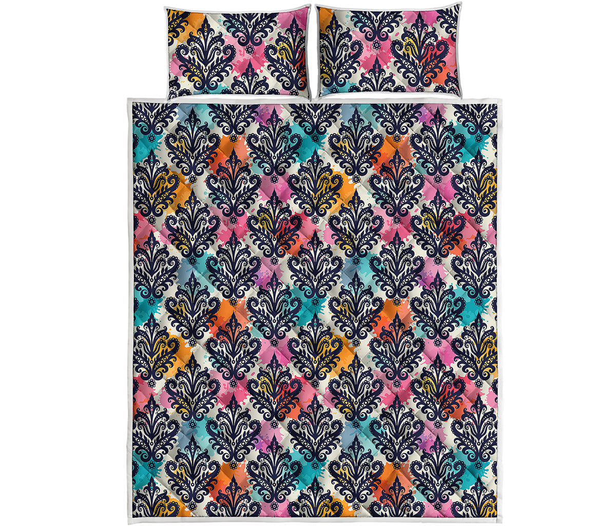 Colorful Damask Pattern Print Quilt Bed Set