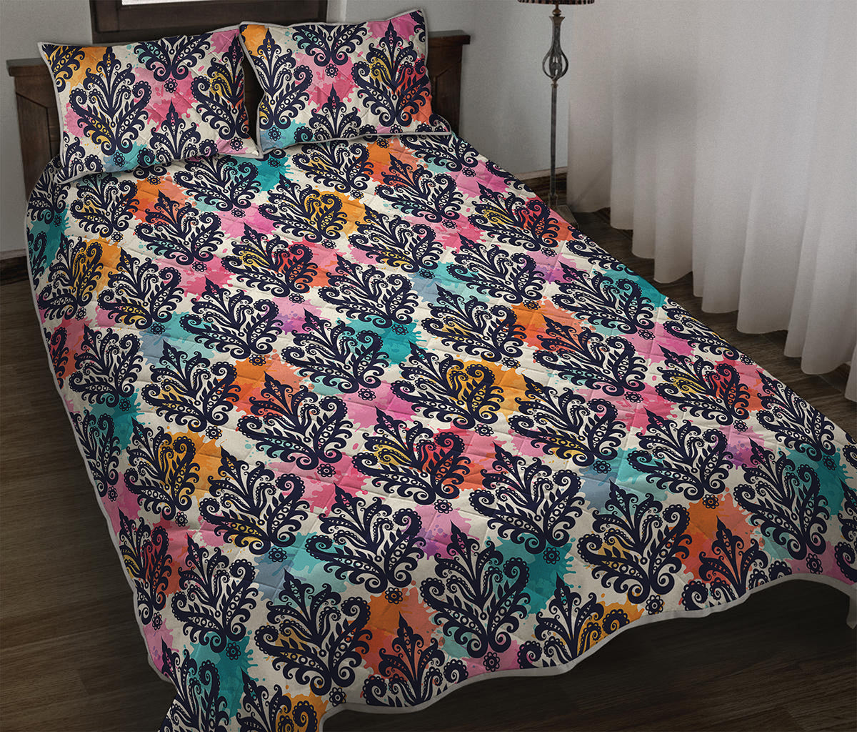 Colorful Damask Pattern Print Quilt Bed Set