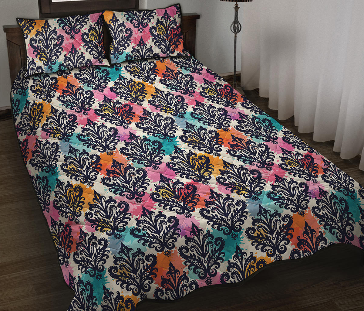 Colorful Damask Pattern Print Quilt Bed Set