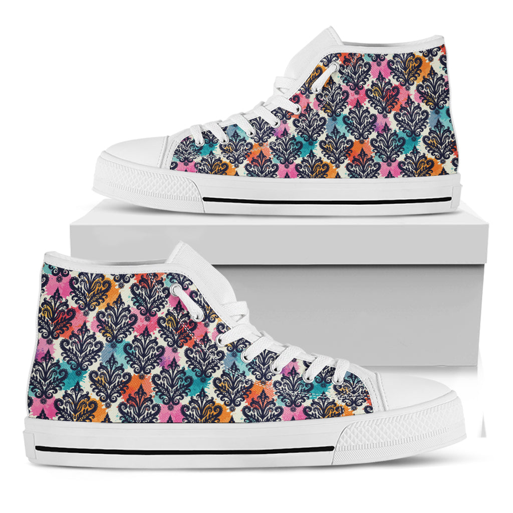 Colorful Damask Pattern Print White High Top Shoes