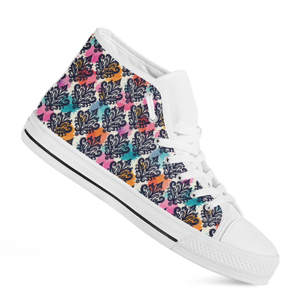Colorful Damask Pattern Print White High Top Shoes