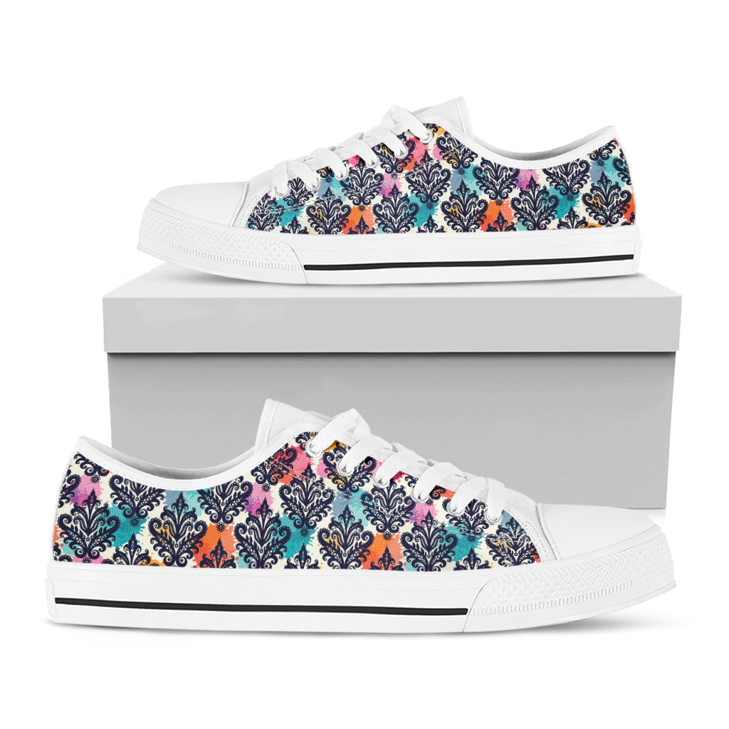 Colorful Damask Pattern Print White Low Top Shoes