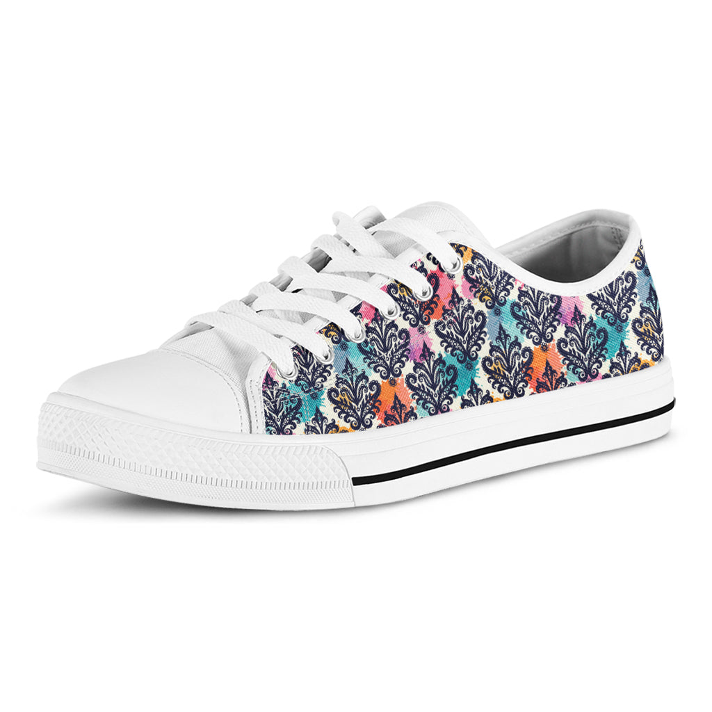 Colorful Damask Pattern Print White Low Top Shoes