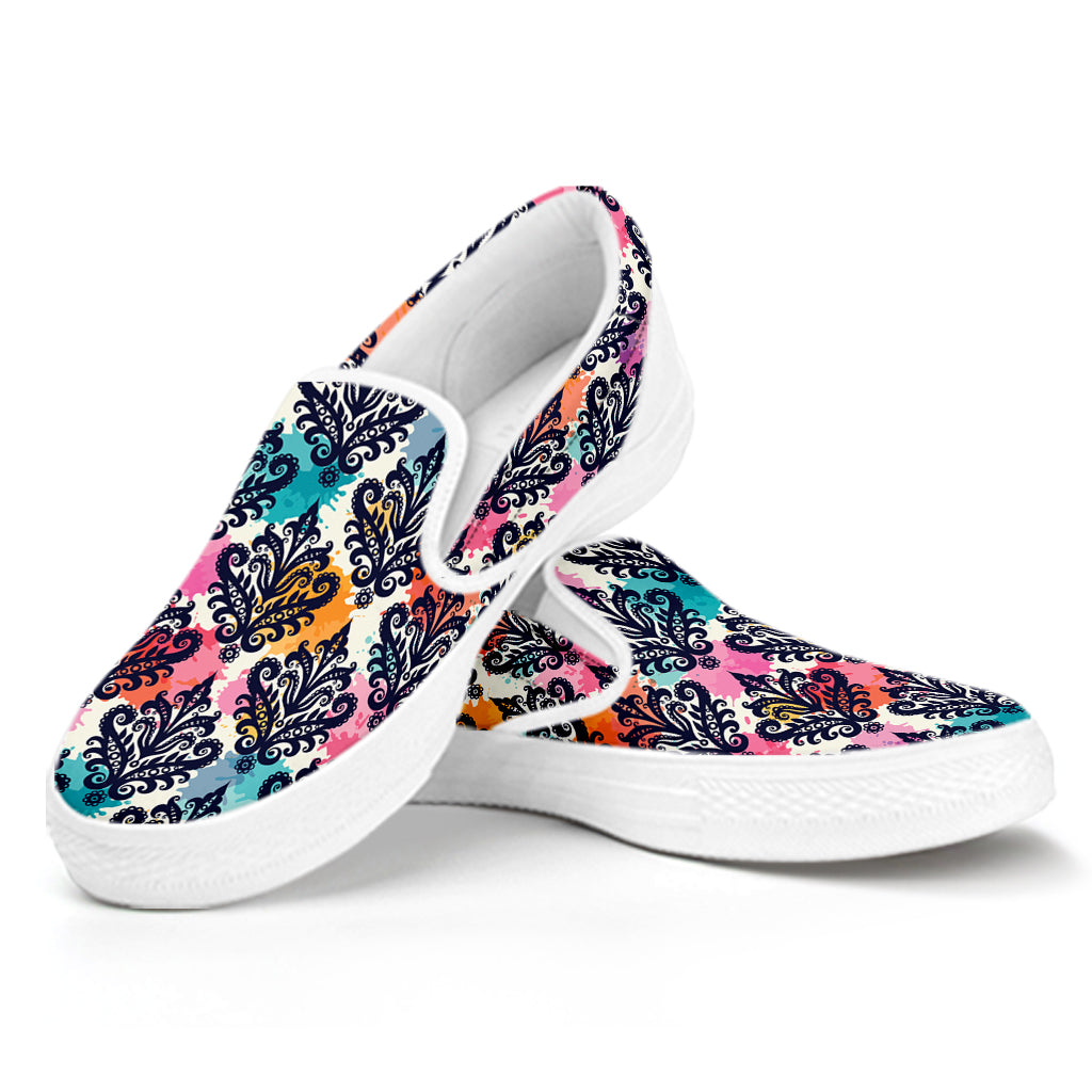 Colorful Damask Pattern Print White Slip On Shoes