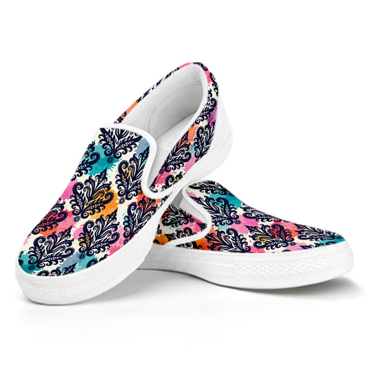 Colorful Damask Pattern Print White Slip On Shoes